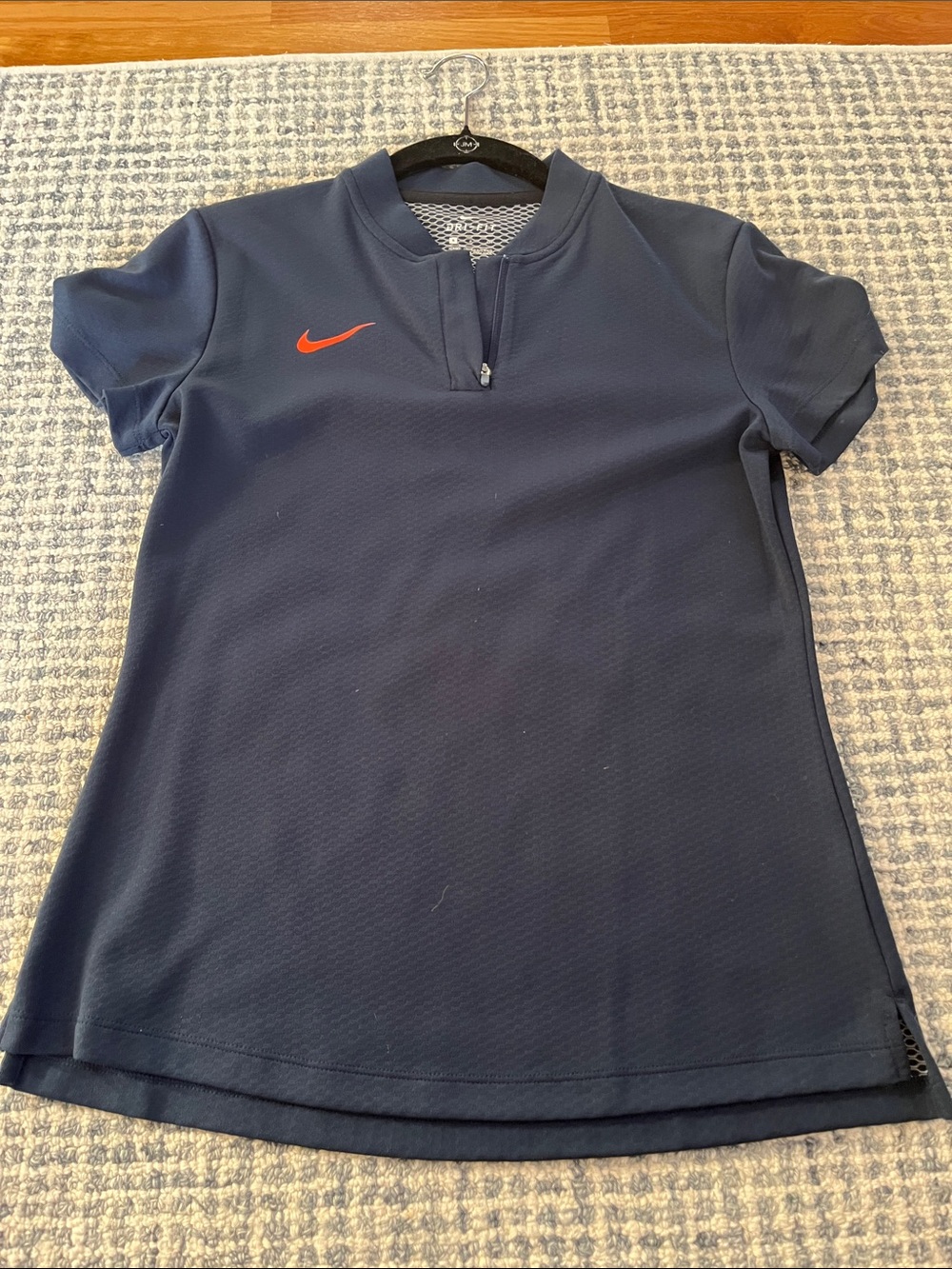 Nike Women's Navy Short-Sleeve Zip Polo with Orange Swoosh